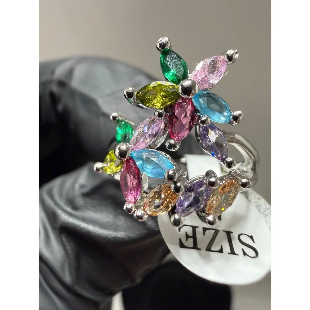 flower ring size 7 vvscz zirconia stone multi color silver filled